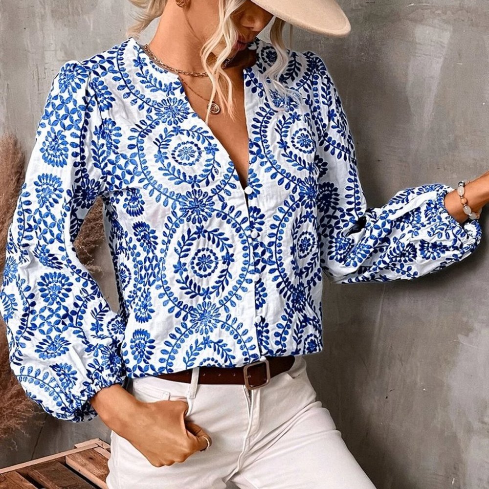 Blue and White Boho Womens Floral Print Lantern Sleeve Blouse - Picture 3 of 5